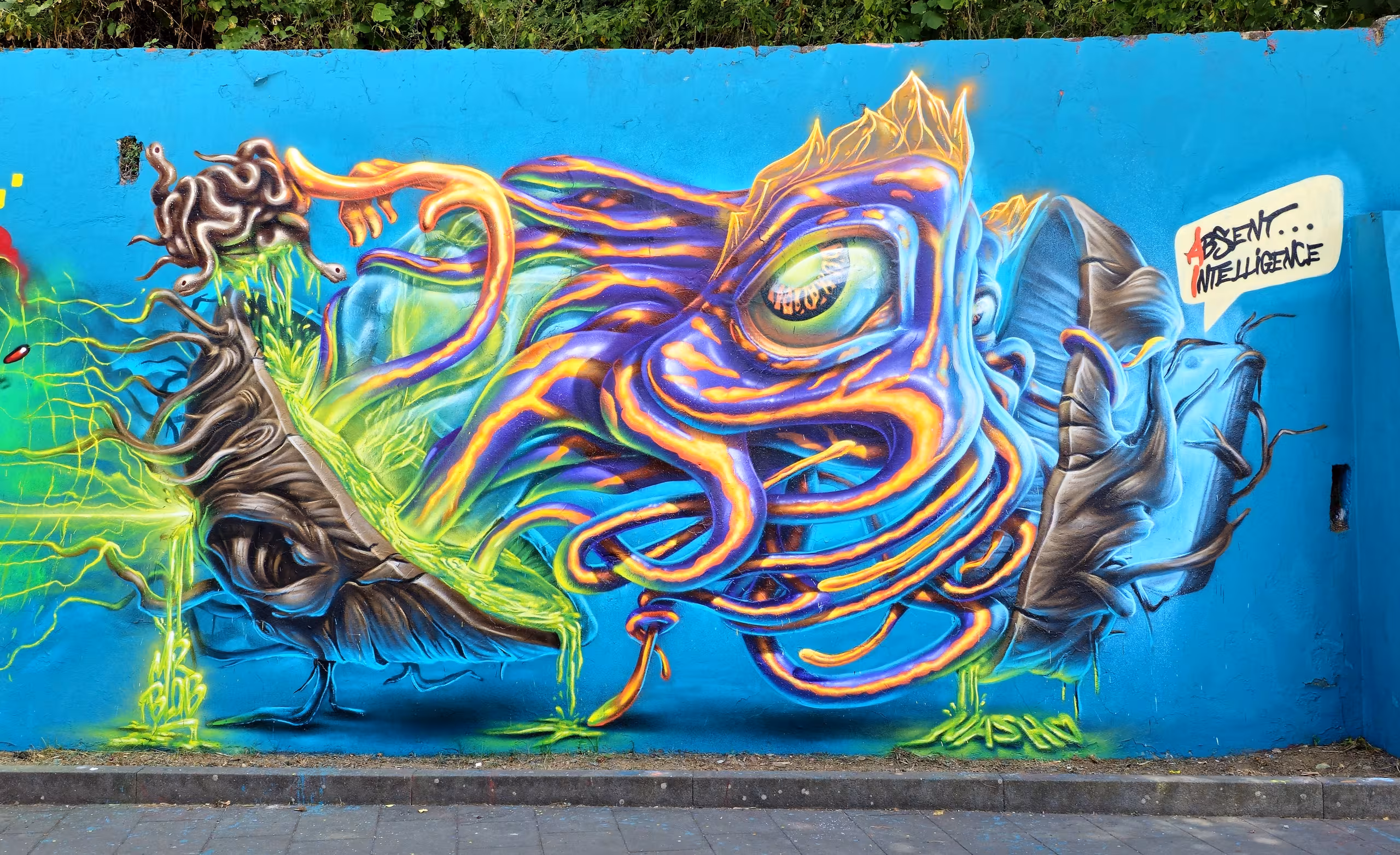 Biomorphic cyberpunk graffiti mural by Mr Blob at Overline Jam themed on AI, showing a mechanical brain splitting open to release a vibrant surreal creature with a giant eye, representing human imagination.
