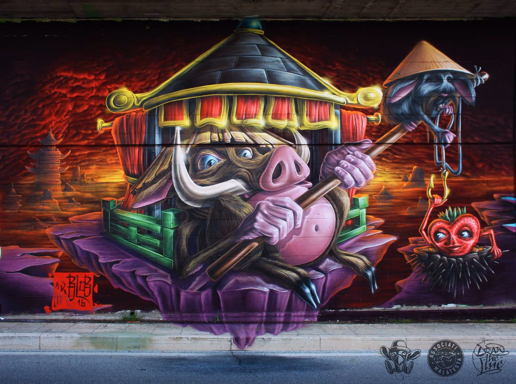 Stunning oriental pop surrealism graffiti mural by Mr Blob, featuring a surreal wild boar character in a floating temple holding a staff next to a smiling anthropomorphic strawberry against a fiery pagoda sunset.