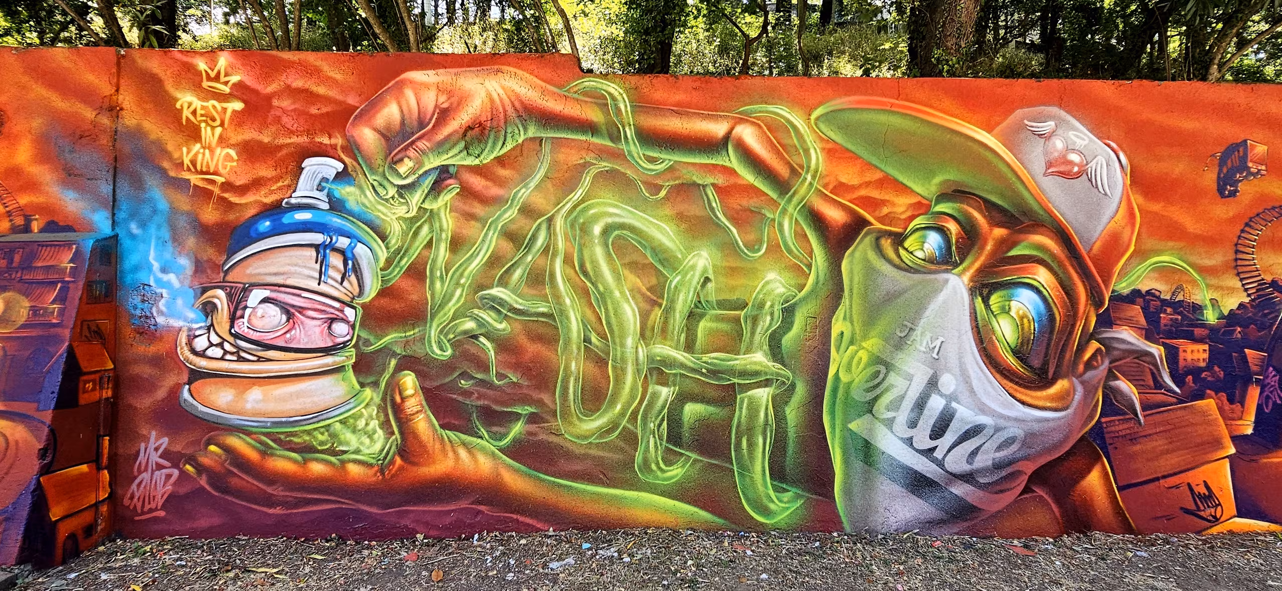 Powerful graffiti tribute mural to writer Nash by Mr Blob at Overline Jam, featuring a character holding a stylized spray can and neon green smoke spelling NASH under a Rest in King tag.